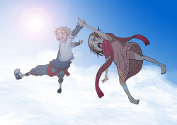 Rule 34 | 1boy, 1girl, barefoot, blush, child, cloud, day, falling, holding another&#039;s wrist, scarf, sky, ukokkei