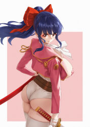 1girl ascot ass blue_hair bow breasts cropped_jacket from_behind hair_bow highres holding holding_sword holding_weapon jacket large_breasts long_hair looking_at_viewer open_clothes open_jacket parted_lips pasties pink_jacket ponytail qingmingtongzi red_bow red_eyes sakura_taisen shinguuji_sakura solo sword thighhighs weapon white_ascot white_thighhighs