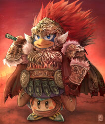 Rule 34 | 1boy, alternate costume, arm at side, armor, artist name, bandana, bandana waddle dee, belt, big hair, blue eyes, blue fur, blush stickers, body fur, breastplate, brown footwear, brown gloves, cape, carrying, cosplay, cross-laced footwear, day, elden ring, fur-trimmed armor, fur trim, furry, furry male, gloves, gradient sky, hand up, happy, helmet, highres, holding, holding weapon, king dedede, kirby (series), looking at viewer, male focus, nintendo, open mouth, orange eyes, outdoors, over shoulder, red background, red cape, red hair, red headwear, red sky, red theme, shoes, shoulder armor, signature, sky, smile, spikes, standing on person, starscourge radahn, starscourge radahn (cosplay), striped clothes, striped footwear, sweat, torn cape, torn clothes, uchivstheworld, vambraces, watermark, weapon, weapon over shoulder, witch-hunter jerren, witch-hunter jerren (cosplay), yellow footwear