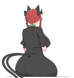 Rule 34 | 1girl, animal ears, ass, black bow, bow, braid, breasts, cat ears, cat tail, clothing cutout, commentary, dress, english commentary, extra ears, facing away, from behind, grey dress, hair bow, hair over shoulder, highres, huge breasts, kaenbyou rin, long hair, mata (matasoup), multiple tails, nekomata, pointy ears, puffy short sleeves, puffy sleeves, short sleeves, simple background, solo, tail, tail through clothes, touhou, twin braids, two tails, white background