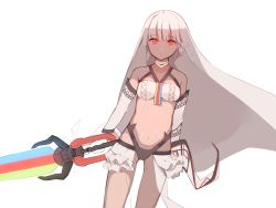 Rule 34 | 1girl, altera (fate), black panties, bra, choker, closed mouth, commentary request, cowboy shot, dark-skinned female, dark skin, fate/grand order, fate (series), holding, holding sword, holding weapon, hona (pixiv7939518), looking at viewer, navel, open clothes, open skirt, panties, photon ray (fate), pleated skirt, red eyes, short hair, silver hair, skirt, solo, sword, underwear, unfinished, veil, weapon, white bra, white choker, white skirt