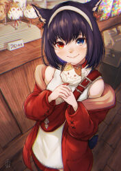 Rule 34 | 1girl, bag, beaver, blue eyes, breasts, candy, candy jar, choker, chromatic aberration, closed mouth, earrings, eyebrows hidden by hair, fat cat (ff14), final fantasy, final fantasy xiv, food, hair between eyes, heart, heart earrings, heterochromia, holding, holding candy, holding food, holding lollipop, iori haori, jacket, jewelry, light blush, lollipop, looking at viewer, medium breasts, miqo&#039;te, orange eyes, own hands together, paissa, red bag, red choker, red jacket, shirt, shoulder bag, sleeveless, sleeveless shirt, smile, solo, warrior of light (ff14), white shirt, wooden floor