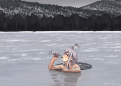 Rule 34 | 1girl, ahoge, alcohol, bare shoulders, commentary request, drinking, scar on face, forest, frozen lake, gangut (kancolle), grey hair, kantai collection, misumi (niku-kyu), nature, orange eyes, scar, scar on cheek, scar on face, sidelocks, solo, tree, twitter username, vodka