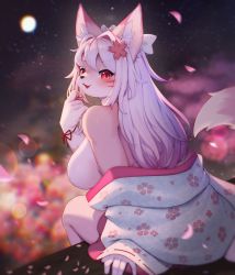 Rule 34 | 1girl, animal ear fluff, animal ears, breasts, facial mark, from behind, furry, furry female, highres, japanese clothes, kimono, large breasts, long hair, open mouth, original, petals, print kimono, red eyes, sideboob, sitting, smile, solo, symbol-only commentary, tail, whisker markings, white hair, white kimono, whooo-ya