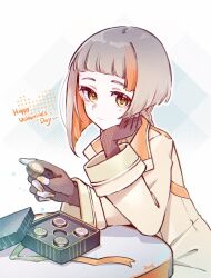 1girl box brown_coat chis-a closed_mouth coat colored_inner_hair elbow_rest expressionless fingernails grey_hair happy_valentine head_rest highres holding looking_at_viewer mi_no_take multicolored_hair orange_eyes orange_hair orange_nails ribbon solo valentine voisona