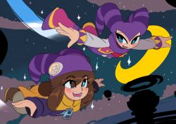 Rule 34 | a hat in time, absurdres, androgynous, blue eyes, captain kirb, child, colored skin, crossover, eyelashes, flying, gender request, hat, hat kid, highres, jester, jester cap, nights (character), nights into dreams, sega, smile, white skin