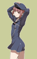 Rule 34 | 10s, 1girl, arms up, ass, blush, brown eyes, brown hair, clothes writing, cowboy shot, dress, green background, hat, kantai collection, long sleeves, looking at viewer, nigou, outline, sailor collar, sailor dress, sailor hat, school uniform, serafuku, short hair, simple background, solo, thighs, twisted torso, z3 max schultz (kancolle)