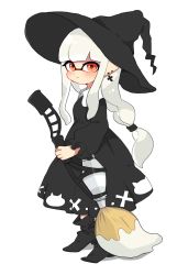 Rule 34 | 1girl, animal print, ankle boots, black dress, black footwear, black hat, blunt bangs, blunt ends, blush, boots, cat print, closed mouth, collared dress, commentary, cross, cross earrings, dress, earrings, full body, hat, highres, holding, inkbrush (splatoon), inkling, inkling girl, inkling player character, jewelry, light blush, light smile, long dress, long hair, long sleeves, looking at viewer, low-tied long hair, mask, nintendo, orange eyes, pointy ears, ponytail, riku (ururi7610), shadow, silver hair, simple background, solo, standing, stud earrings, white background, witch hat