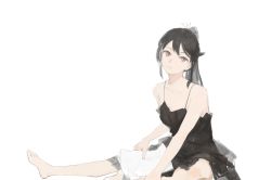 Rule 34 | 1girl, bare arms, barefoot, black dress, black hair, brown eyes, closed mouth, collarbone, commentary request, dress, frown, full body, highres, holding, holding paper, long hair, looking at viewer, original, paper, ponytail, shirt, simple background, sleeveless, sleeveless shirt, solo, spaghetti strap, white background, xilmo