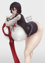 Rule 34 | 1girl, absurdres, alternate breast size, artist name, ass, bent over, black hair, blue eyes, blush, breasts, gigantic breasts, grey background, highres, huge ass, huge breasts, jacket, kill la kill, leaning forward, letterman jacket, long sleeves, looking at viewer, matoi ryuuko, multicolored hair, no panties, open mouth, red hair, school uniform, shirt, short hair, simple background, skirt, solo, streaked hair, thick thighs, thighs, white shirt, zer0.zer0