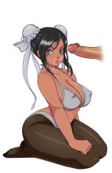 Rule 34 | 1girl, ass, bare arms, bare shoulders, black hair, blue eyes, bra, breasts, brown pantyhose, bun cover, capcom, chun-li, cleavage, covered erect nipples, cum, cum on body, cum on breasts, cum on upper body, curvy, dark skin, disembodied penis, double bun, facial, feet, hair bun, hip focus, inusen, kneeling, large breasts, leggings, long legs, looking at viewer, no shoes, panties, panties over pantyhose, pantyhose, penis, seiza, sitting, solo, street fighter, thick thighs, thighs, transparent background, uncensored, underwear, white bra, white panties, wide hips