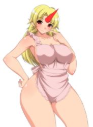 Rule 34 | 1girl, apron, bad id, bad pixiv id, blonde hair, blush, breasts, curvy, female focus, hand on own hip, hip focus, horns, hoshiguma yuugi, kyokutou hentai samurai, large breasts, long hair, naked apron, no bra, no panties, pointy ears, red eyes, sideboob, single horn, solo, thick thighs, thighs, touhou, wide hips