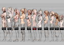 Rule 34 | 6+girls, amy sorel, annotated, bra, breasts, bust chart, cassandra alexandra, chai xianghua, chart, cleavage, commentary, comparison, dark-skinned female, dark skin, flat chest, hat, highres, hildegard von krone, huge breasts, isabella valentine, kawano takuji, large breasts, lineup, lingerie, monochrome, multiple girls, namco, official art, ponytail, profile, seong mi-na, setsuka, sideboob, sketch, sophitia alexandra, soul calibur, soulcalibur, soulcalibur iv, taki (soulcalibur), talim, tira (soulcalibur), underwear, underwear only