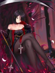Rule 34 | 1girl, anklet, artist name, bare shoulders, belt, belt buckle, black dress, black eyes, black footwear, black hair, black pantyhose, blurry, bodypaint, breasts, buckle, choker, cleavage, closed mouth, collarbone, cross, crossed legs, depth of field, dress, dungeon and fighter, female priest (dungeon and fighter), front-seamed legwear, gem, gloves, glowing, hair over one eye, heterochromia, high heels, holding, holding weapon, jewelry, looking at viewer, male priest (dungeon and fighter), medium breasts, mistress (dungeon and fighter), o-ring, off shoulder, pantyhose, petals, red eyes, red gloves, scythe, seamed legwear, shaojiang, shoes, short hair, sitting, solo, sweat, throne, weapon