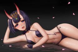 Rule 34 | 1girl, bob cut, breasts, eyeshadow, fangs, fate/grand order, fate (series), headpiece, highres, horns, lying, makeup, navel, on side, open mouth, petals, petals on liquid, purple eyes, purple hair, revealing clothes, short eyebrows, short hair, shuten douji (fate), skin-covered horns, small breasts, solo, zyl