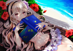 Rule 34 | 1girl, beach, bikini, bikini bottom only, bikini skirt, blurry, blurry background, blush, book, chair, closed mouth, commentary request, corrin (female) (fire emblem), corrin (female) (summer) (fire emblem), corrin (fire emblem), day, dutch angle, fingernails, fire emblem, fire emblem fates, fire emblem heroes, flower, hair between eyes, head tilt, kumehara chiyota, light brown hair, long hair, looking at viewer, lounge chair, lying, navel, nintendo, official alternate costume, on back, open book, outdoors, pointy ears, purple flower, red eyes, red flower, sand, signature, smile, solo, swimsuit, twitter username, very long hair, water, white bikini
