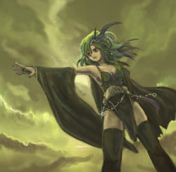 Rule 34 | 1990s (style), 1girl, bad id, bad pixiv id, breasts, cleavage, female focus, final fantasy, final fantasy iv, green eyes, green hair, green theme, matching hair/eyes, medium breasts, aged up, outdoors, rydia (ff4), sky, solo, t jam, thighhighs