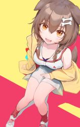 Rule 34 | 1girl, absurdres, animal ears, arm at side, bone hair ornament, bone print, braid, breasts, brown eyes, brown hair, commentary, dog ears, dog girl, dog tail, dress, female focus, from above, hair between eyes, hair ornament, hair tie, highres, hololive, inugami korone, inugami korone (1st costume), jacket, long hair, long sleeves, looking at viewer, looking up, medium breasts, off shoulder, open clothes, open jacket, open mouth, oukafafafa, print dress, red background, red socks, shoes, simple background, sitting, sleeves past wrists, sneakers, socks, solo, tail, twin braids, virtual youtuber, white dress, white footwear, yellow background, yellow jacket