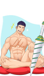 Rule 34 | 1boy, abs, bad id, bad pixiv id, bara, caladbolg (fate), closed eyes, completely nude, fate/grand order, fate (series), feet, fergus mac roich (fate), head tilt, highres, large pectorals, looking at viewer, male focus, male pubic hair, muscular, muscular male, navel, navel hair, nipples, nude, open mouth, pectorals, pubic hair, purple hair, scar, scar on chest, short hair, sitting, smile, soles, solo, spiked hair, stomach, tachikawa (hawk 003), thighs, undercut