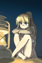 Rule 34 | 1girl, artist name, blonde hair, charlotte lueder, cup, gradient background, highres, holding, holding cup, lantern, light, long hair, makaze (t-junction), military, military uniform, night, night sky, panties, shadow, sky, solo, star (sky), starry sky, strike witches, underwear, uniform, witches of africa, world witches series