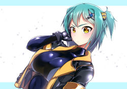Rule 34 | 1girl, aqua hair, bodysuit, breasts, fingerless gloves, frown, gloves, hand on own cheek, hand on own face, kunai, large breasts, looking at viewer, ninja, original, ryuu tou, shiny clothes, short hair, shuriken hair ornament, side ponytail, simple background, skin tight, solo, vest, weapon, yellow eyes