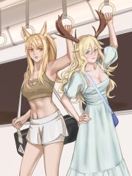 Rule 34 | 2girls, :d, alternate costume, animal ear fluff, animal ears, antlers, arknights, arm up, bag, bandages, bare arms, bare shoulders, blue eyes, blue skirt, breasts, chest sarashi, cleavage, commentary request, cowboy shot, crop top, hand on own hip, highres, horns, indoors, long hair, long skirt, looking at viewer, medium breasts, midriff, multiple girls, navel, nearl (arknights), nitric acid (nitrate2002), open mouth, puffy short sleeves, puffy sleeves, sarashi, short shorts, short sleeves, shorts, silver hair, skirt, smile, sports bra, standing, stomach, viviana (arknights), white shorts, yellow eyes