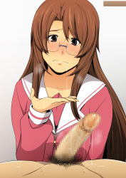 Rule 34 | 1girl, absurdres, azumanga daiou, blush, breasts, brown eyes, brown hair, censored, clothed female nude male, cum, cum in mouth, eyebrows, glasses, greco roman (spiral brain), highres, large breasts, legs, long hair, long sleeves, looking at viewer, mizuhara koyomi, mosaic censoring, nude, penis, pubic hair, raised eyebrows, school uniform, semi-rimless eyewear, simple background, solo focus, spread legs, thighs