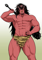 Rule 34 | 1boy, abs, bara, demon, horns, looking at viewer, male focus, muscular, mxsxe, nipples, pectorals, piercing, topless male, smile, solo, tagme, weapon