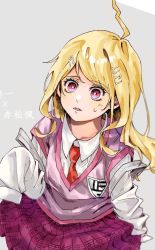 Rule 34 | 1girl, aged down, ahoge, akamatsu kaede, backpack, bag, blonde hair, brown necktie, child, collared shirt, danganronpa (series), danganronpa v3: killing harmony, deha (dayhi 210916), fortissimo, grey background, hair ornament, long hair, long sleeves, lower teeth only, musical note, musical note hair ornament, necktie, open mouth, oversized clothes, pink eyes, pink skirt, pink vest, pleated skirt, shirt, simple background, skirt, solo, sweatdrop, teeth, translation request, vest