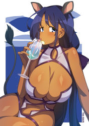 Rule 34 | 1girl, abhaya singh, animal ears, black hair, blue eyes, breasts, character request, cleavage, cup, dark-skinned female, dark skin, drink, drinking glass, drinking straw, huge breasts, long hair, looking at viewer, original, shiny skin, solo, strike witches, strike witches (lionheart witch), swimsuit, tail, tilt-shift (azalanz), world witches series
