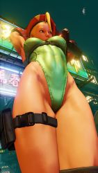 Rule 34 | 1girl, 3d, antenna hair, bare shoulders, blonde hair, blue eyes, braid, breasts, cammy white, covered navel, curvy, gloves, green leotard, groin, hat, highleg, highleg leotard, highres, large breasts, leotard, lips, long hair, night, night sky, red gloves, red hat, ryona, screencap, shiny clothes, sky, solo, street fighter, street fighter v, stretching, thighs, third-party edit, thong leotard, twin braids, very long hair, wide hips
