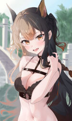 Rule 34 | 1girl, animal ear fluff, animal ears, bare arms, bare shoulders, black bra, blue sky, blurry, blurry background, bow, bow bra, bra, braid, breasts, brown eyes, brown hair, cleavage, day, depth of field, fang, hair between eyes, hand up, heavy breathing, highres, long hair, looking at viewer, medium breasts, mikanagi yuri, navel, o-ring, o-ring top, open mouth, original, outdoors, pillar, saliva, sky, sweat, two side up, underwear, upper body, very long hair
