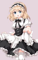 Rule 34 | 1girl, :d, alice margatroid, alternate costume, apron, bad id, bad twitter id, blonde hair, blue eyes, bow, bowtie, center frills, enmaided, frilled apron, frilled sleeves, frills, highres, maid, maid apron, maid headdress, open mouth, puffy sleeves, ruu (tksymkw), shirt, short hair, short sleeves, simple background, smile, solo, thighhighs, touhou, white shirt, white thighhighs