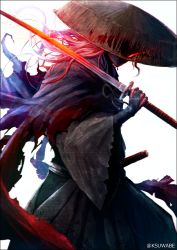 Rule 34 | 1boy, commentary request, fate/grand order, fate (series), glowing, hakama, hakama skirt, haori, hat, hidden eyes, holding, holding sword, holding weapon, japanese clothes, k-suwabe, long hair, long sleeves, male focus, okada izou (fate), okada izou (second ascension) (fate), over shoulder, sandogasa, skirt, solo, sword, sword over shoulder, weapon, weapon over shoulder, white background, wide sleeves