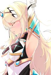 Rule 34 | 1girl, absurdres, arm up, armpits, blonde hair, breasts, cherubi nbo, closed eyes, closed mouth, dress, elbow gloves, from side, gloves, hair ornament, highres, long hair, mythra (xenoblade), solo, upper body, white background, white dress, white gloves, xenoblade chronicles (series), xenoblade chronicles 2