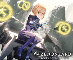 Rule 34 | 1girl, blonde hair, bodysuit, copyright name, essual (layer world), highres, holographic interface, official art, outdoors, ruins, short hair, sitting, solo, thighhighs, watermark, yellow eyes, zenonzard