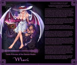 Rule 34 | 2girls, animal ears, bat wings, black hair, black sclera, book, breasts, character profile, colored sclera, demon girl, dress, elena (maritan), english text, familiar (monster girl encyclopedia), flower, hat, highres, horns, large breasts, lilim (monster girl encyclopedia), mari (maritan), maritan (pixelmaritan), monster girl, monster girl encyclopedia, multiple girls, nekomata (monster girl encyclopedia), original, red eyes, rose, smile, tail, tentacles, tongue, v, white dress, white hair, wings, yellow eyes