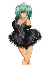 Rule 34 | 1girl, breasts, bridal gauntlets, choker, cleavage, dress, green eyes, green hair, highres, ikkitousen, large breasts, looking at viewer, official art, ryofu housen, smile, solo, tiara, twintails