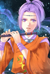 Rule 34 | 1boy, circlet, flute, harukanaru toki no naka de 3, highres, instrument, japanese clothes, looking at viewer, male focus, parted lips, purple eyes, purple hair, solo, upper body, wide sleeves