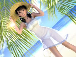 Rule 34 | 1girl, 3d, beach, bikini, cloud, day, dress, flear, hair ribbon, hat, incise soul, lace, m-rs, outdoors, palm tree, ribbon, see-through, solo, straw hat, swimsuit, tree, twintails