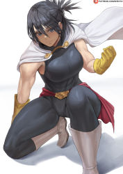Rule 34 | 1girl, black hair, blue eyes, boku no hero academia, boots, breasts, cape, commentary, highres, kneeling, large breasts, light smile, mole, mole under mouth, shexyo, shimura nana, short hair, simple background, solo, white background, white footwear