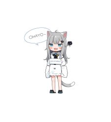 Rule 34 | 1girl, :3, :d, ahoge, amashiro natsuki, animal ear fluff, animal ears, black footwear, blue eyes, blush stickers, cat ears, cat girl, cat tail, character name, chibi, collared shirt, commentary request, fang, grey hair, indie virtual youtuber, long hair, long sleeves, looking at viewer, nachoneko, open mouth, romaji commentary, romaji text, sandals, shirt, sign, sign around neck, simple background, sleeves past fingers, sleeves past wrists, smile, solo, standing, tail, translated, virtual youtuber, white background, white shirt