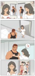 Rule 34 | 2boys, 3girls, 3koma, ass, bara, beard, black tank top, blank eyes, blank stare, brown hair, bulge, comic, dark-skinned male, dark skin, dress, facial hair, from above, glasses, grabbing, grey shorts, groping, hairy, hetero, highres, holding, holding phone, large pectorals, lecture, lecturing, leg hair, long hair, loving aura, mature male, monster boy, motion lines, multiple boys, multiple girls, muscle awe, muscular, muscular male, original, pectoral cleavage, pectoral grab, pectorals, peeking out, phone, picture frame, pointing, pointing to the side, short hair, shorts, smile, smug, speech bubble, spoken emoji, tank top, thick eyebrows, thumbs up, waving, wavy mouth, white dress, yaoi, youtian (youtiange)