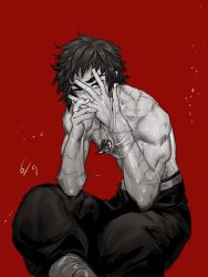 Rule 34 | 1boy, black hair, collar, covered mouth, crossed legs, hakama, highres, ico aico, japanese clothes, kaigaku, kimetsu no yaiba, looking at viewer, magatama, male focus, muscular, muscular male, red background, scar, scar on arm, simple background, sitting, solo, spiked hair