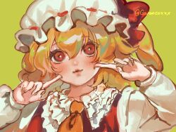 Rule 34 | 1girl, ascot, blonde hair, cheek poking, flandre scarlet, garan co, green background, hat, index finger raised, lips, looking at viewer, mob cap, nostrils, poking, red eyes, simple background, solo, touhou, white hat