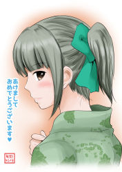 Rule 34 | 10s, 1girl, blunt bangs, blush, bow, brown eyes, commentary request, from behind, from side, furisode, green eyes, green hair, hair bow, heart, highres, japanese clothes, kantai collection, kimono, leaf print, lipstick, looking at viewer, looking back, makeup, nape, ponytail, smile, solo, translation request, upper body, yano toshinori, yuuba, yuubari (kancolle)