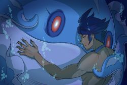 Rule 34 | 1boy, air bubble, blue hair, bubble, closed mouth, commentary, creatures (company), dark-skinned male, dark skin, game freak, gen 5 pokemon, goggles, goggles around neck, gym leader, hand up, highres, jellicent, jellicent (male), male focus, marlon (pokemon), natalia baldina, nintendo, pokemon, pokemon (creature), pokemon bw2, red eyes, short hair, swept bangs, tentacles, topless male, underwater