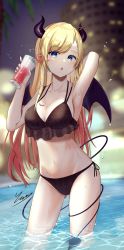Rule 34 | 1girl, :o, absurdres, armpits, bikini, blonde hair, blue eyes, blurry, blurry background, blush, breast tattoo, breasts, building, cleavage, cup, demon girl, demon horns, demon tail, demon wings, green eyes, highres, holding, holding cup, hololive, horns, large breasts, long hair, looking at viewer, nagae yama, navel, night, pointy ears, pool, side-tie bikini bottom, signature, solo, swimsuit, tail, tattoo, teeth, upper teeth only, virtual youtuber, wading, water drop, wet, wings, yuzuki choco, yuzuki choco (hololive summer 2019)