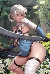 Rule 34 | 1girl, black gloves, braid, breasts, brown eyes, closed mouth, detached sleeves, exlic, flower, gloves, hair flower, hair ornament, highres, holding, holding sword, holding weapon, kaine (nier), large breasts, lips, nature, nier, nier (series), outdoors, panties, solo, sunlight, sword, thighhighs, thighlet, tree, underwear, weapon, white flower, white hair, white panties