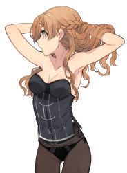Rule 34 | 10s, 1girl, adjusting hair, anchor, armpits, arms up, bare shoulders, black panties, black pantyhose, black ribbon, blush, braid, breasts, bustier, cleavage, closed mouth, collarbone, cowboy shot, cross-laced clothes, expressionless, french braid, grey eyes, hand in own hair, hands in hair, hita (hitapita), kantai collection, lingerie, long hair, looking to the side, panties, panties under pantyhose, pantyhose, profile, ribbon, side-tie panties, simple background, solo, standing, strapless, tareme, underwear, white background, zara (kancolle)